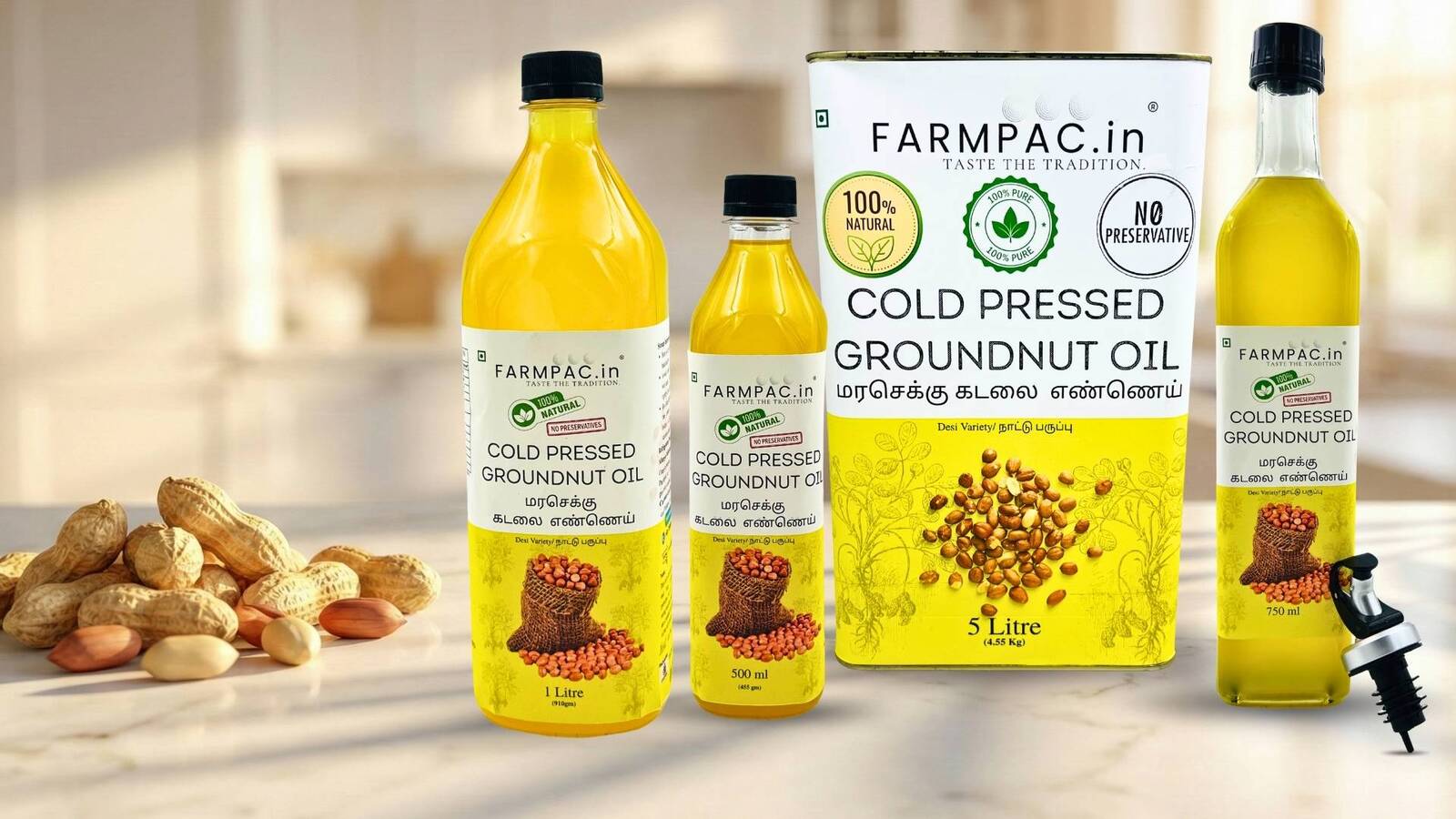 FarmPac Wood Pressed Groundnut Oil โ Desi Variety, All Sizes