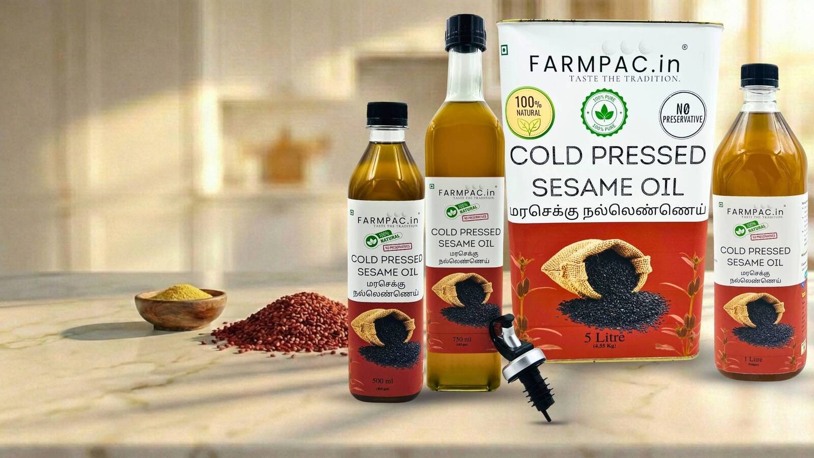 FarmPac Wood Pressed Sesame Oil โ Nallennai, All Sizes